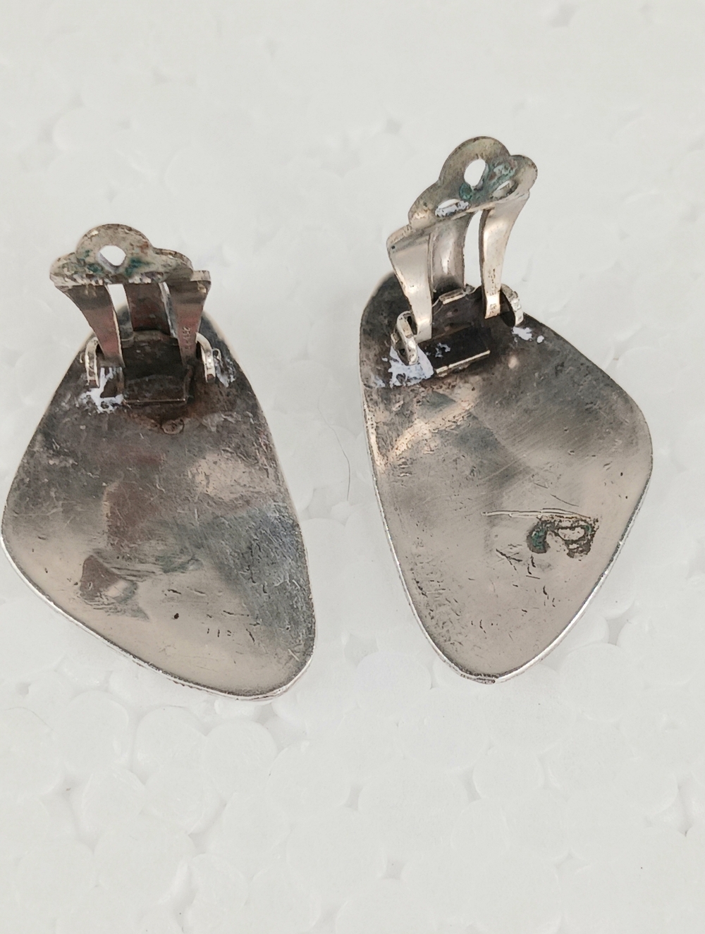 Earrings Clip On Vintage Navajo Sterling Turquoise Elongated Shadowbox Symbols - Picture 9 of 12